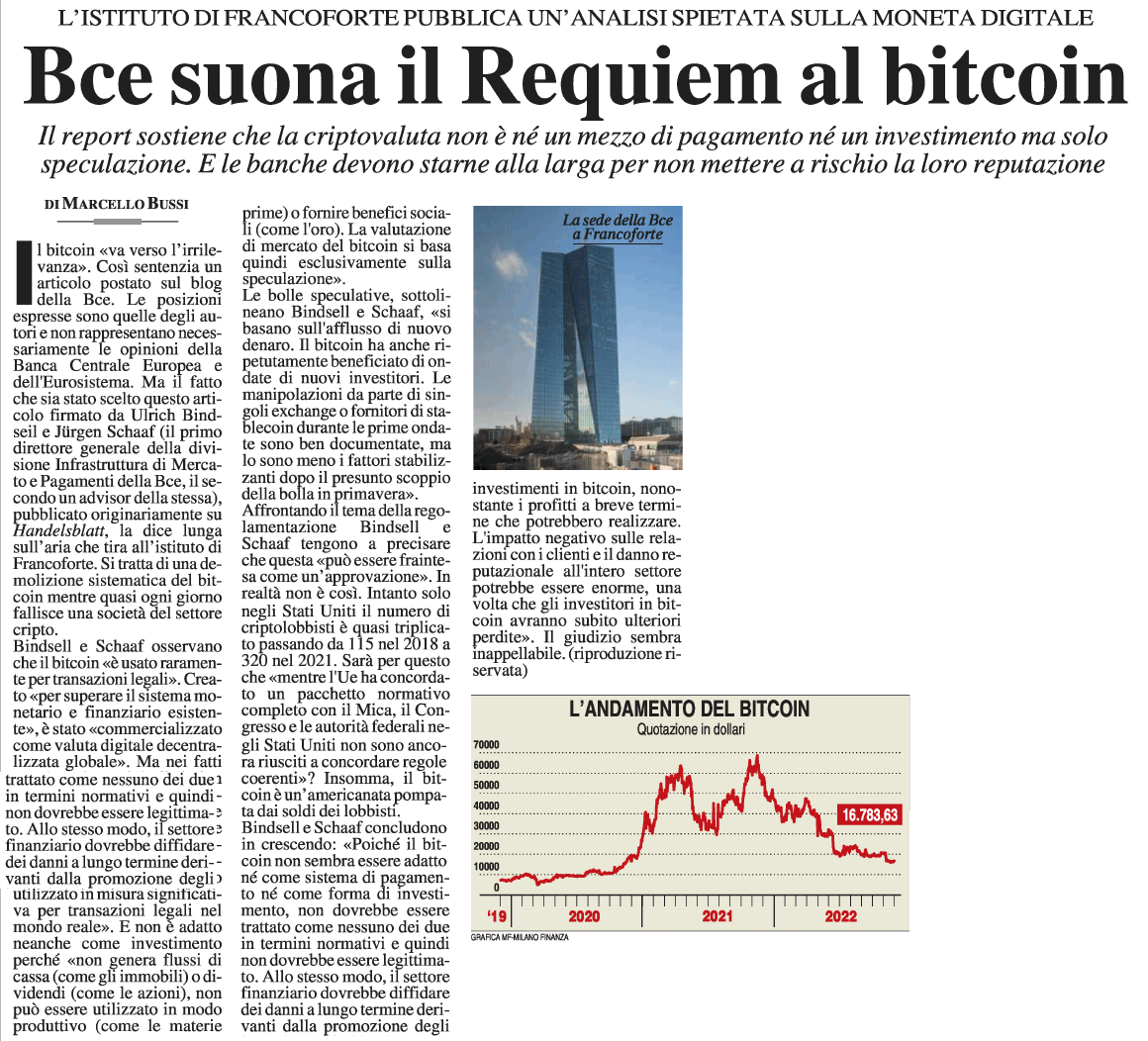 Bce suona il Requiem al bitcoin