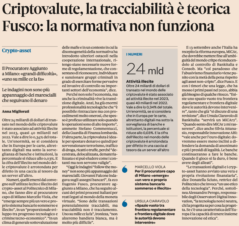 Criptovalute, la tracciabilità è teorica Fusco: la normativa non funziona