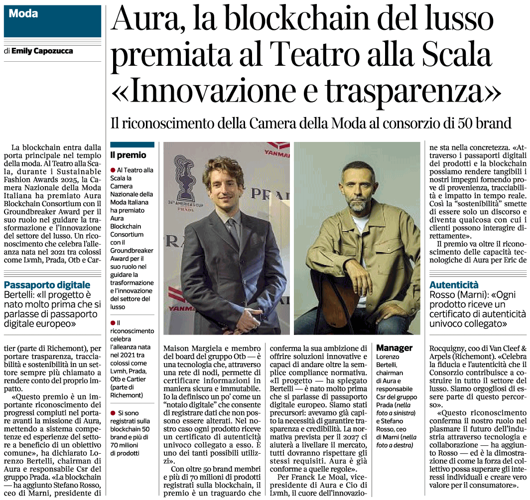 Aura, la blockchain del lusso premiata al Teatro alla Scala «Innovazione e trasparenza»