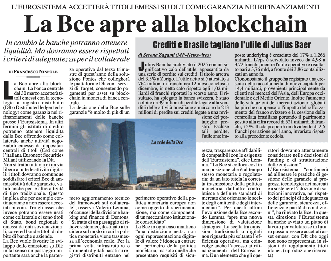 La Bce apre alla blockchain